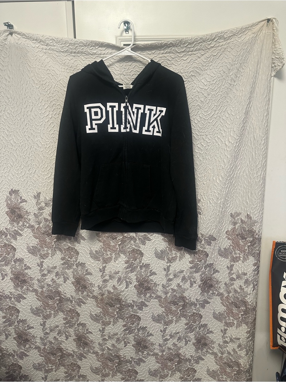 PINK Victoria's Secret Black Zip Hoodie with White Logo